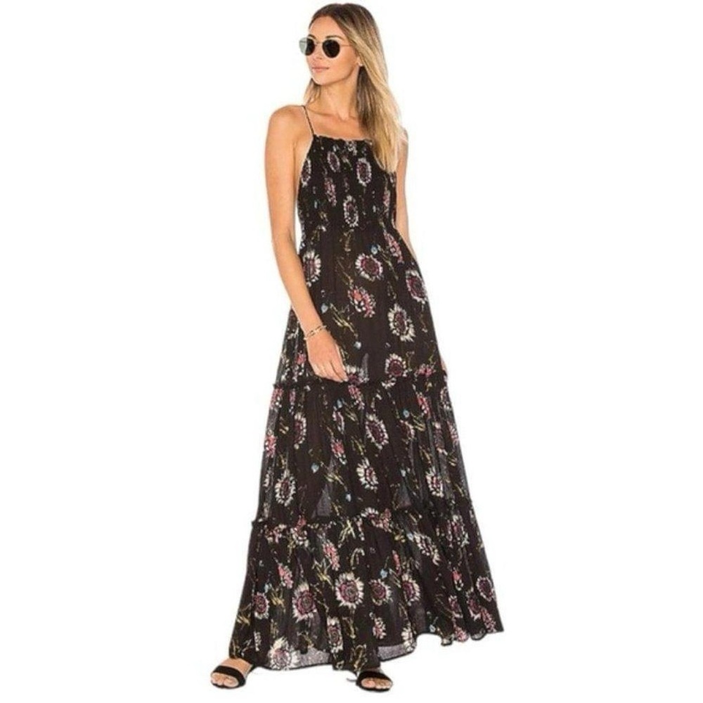 Intimately Free People Garden Party Maxi Dress XS Black Floral Smocked - Picture 2 of 6